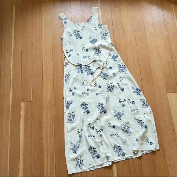 Vintage 90s ivory maxi dress blue floral S - Picture 2 of 7
